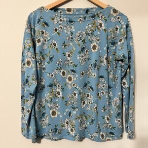J. Jill Top Medium Petite Stretch Boat Neck Blue Floral Boho Office Casual